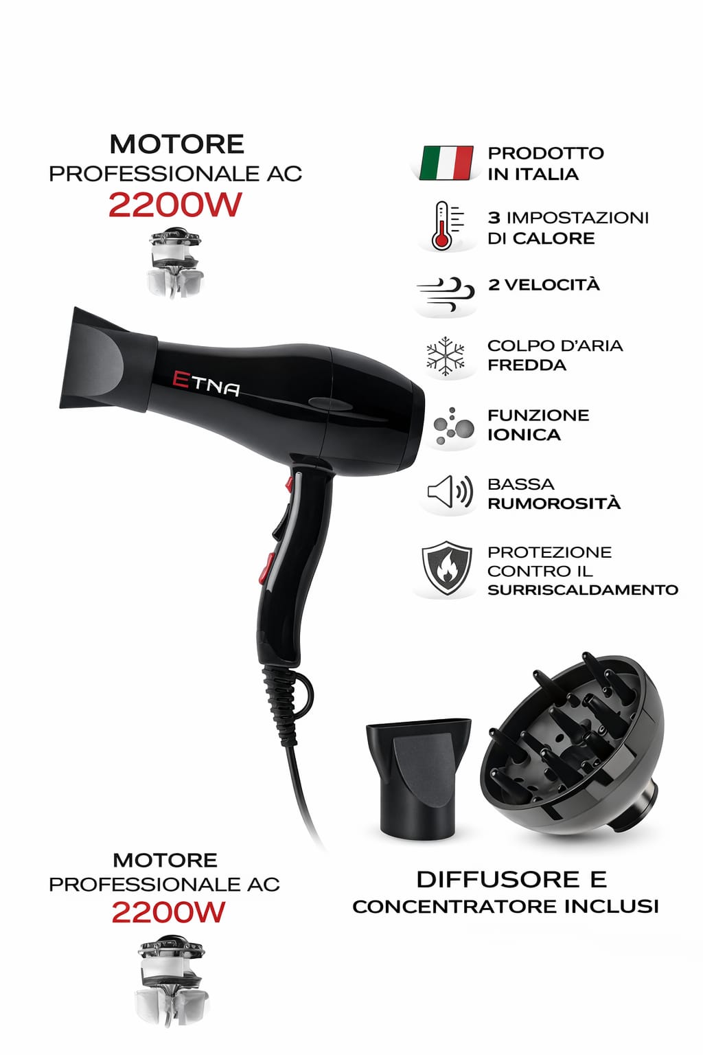Phon Professionale Etna Nero – Diffusore Incluso- 2200W