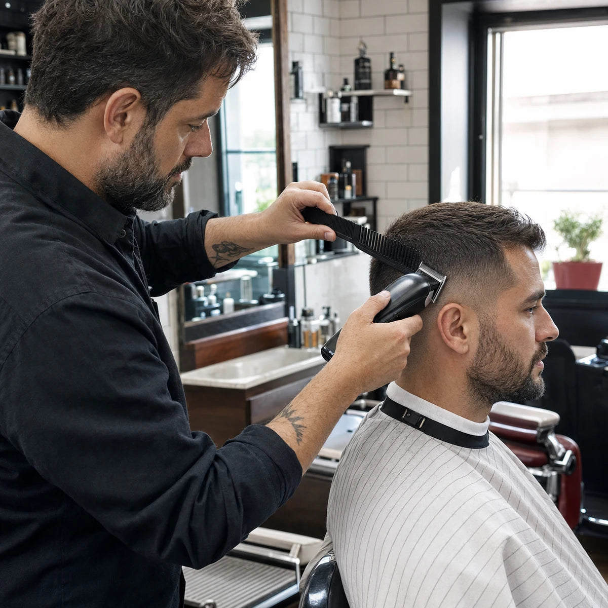 Barbiere durante un taglio professionale