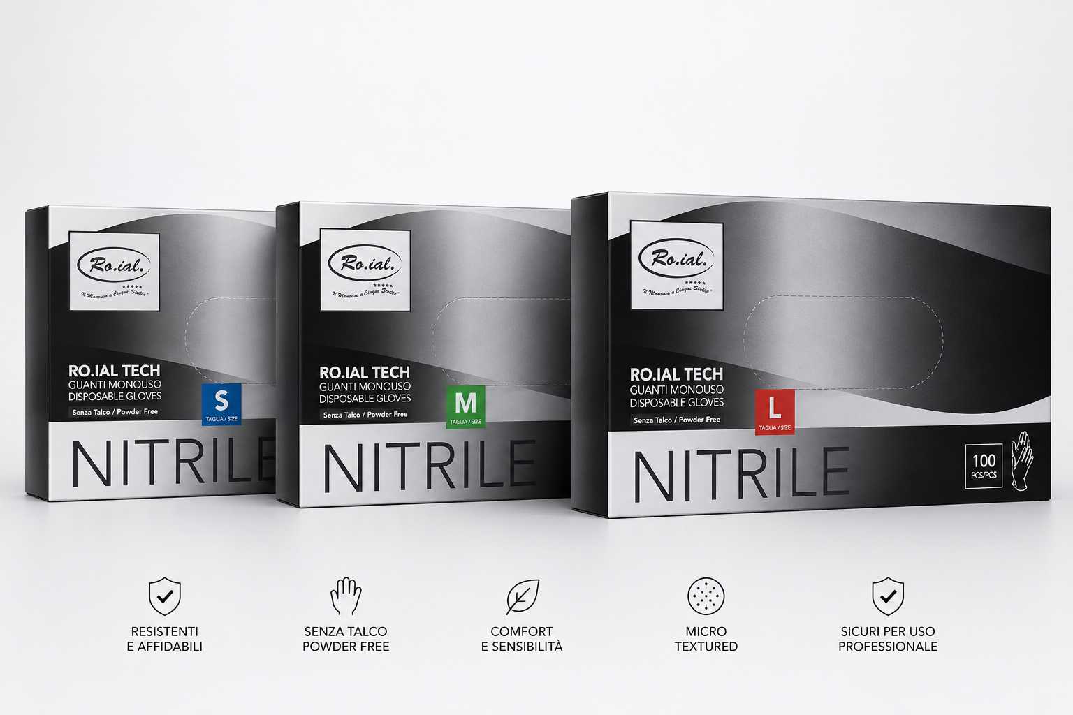 Roial Tech Guanti in Nitrile Neri- Non Talcati-  da 100 pz