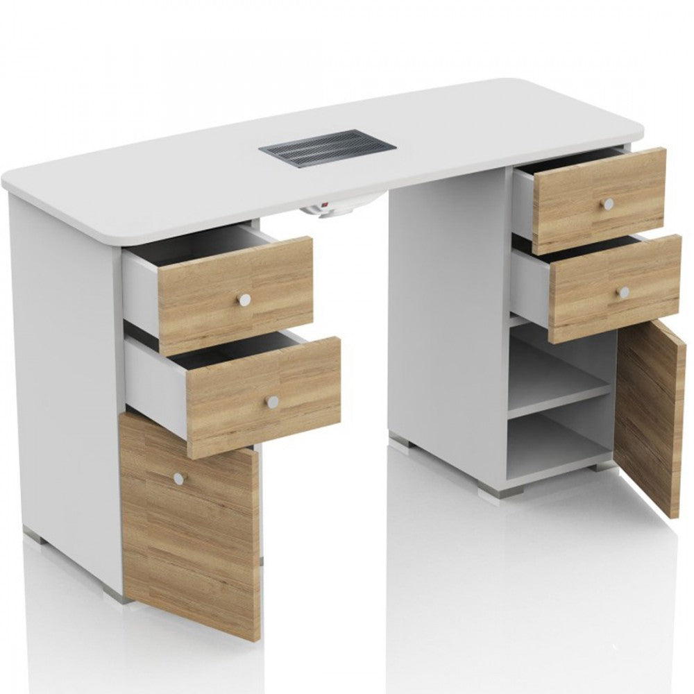 Tavolo Ricostruzione Unghie con Aspiratore Polveri a 6 Cassetti in Legno-  Bianco e Rovere
