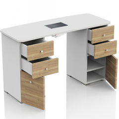 Tavolo Ricostruzione Unghie con Aspiratore Polveri a 6 Cassetti in Legno-  Bianco e Rovere