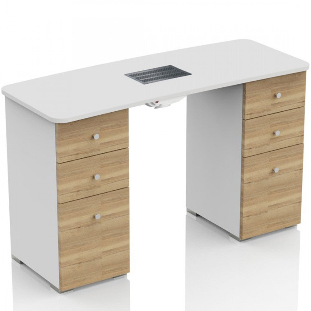 Tavolo Ricostruzione Unghie con Aspiratore Polveri a 6 Cassetti in Legno-  Bianco e Rovere